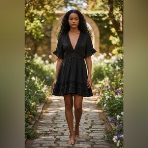 Navy Blue Boho Dress | Lace Trim | Short Sleeve V-Neck size medium